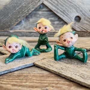 1950's Kelvin's Green Pixie Elves w/ Yellow Hair-Set of 3-Made in Japan-Whimsy